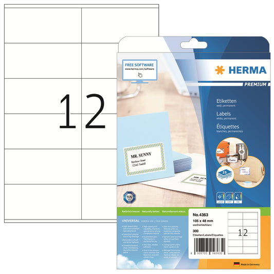 HERMA Universaletikett PREMIUM 105 x 48 mm (B x H) nicht wieder ablösbar Papier weiß 300 Etik./Pack.