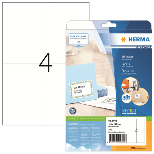 HERMA Universaletikett PREMIUM 105 x 148 mm (B x H) nicht wieder ablösbar Papier weiß 100 Etik./Pack.