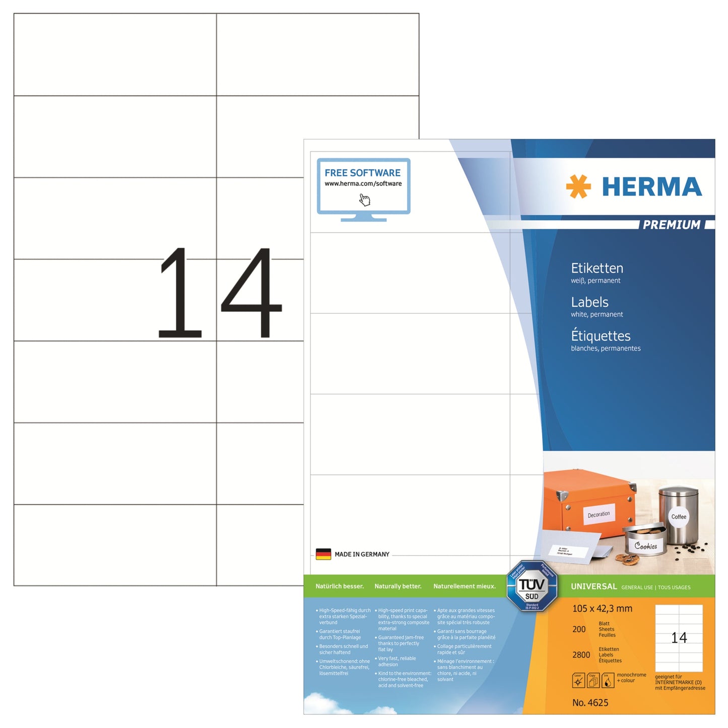 HERMA Universaletikett PREMIUM 105 x 42,3 mm (B x H) nicht wieder ablösbar Papier weiß 2.800 Etik./Pack.