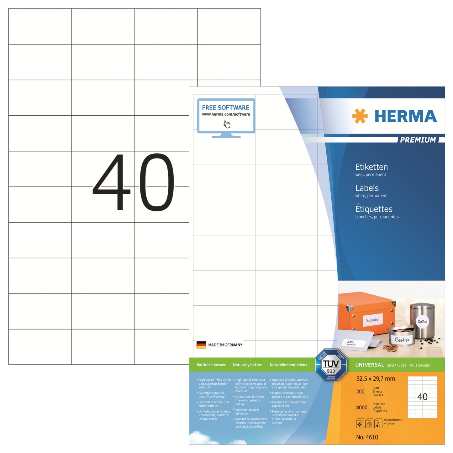 HERMA Universaletikett PREMIUM 52,5 x 29,7 mm (B x H) nicht wieder ablösbar Papier weiß 8.000 Etik./Pack.