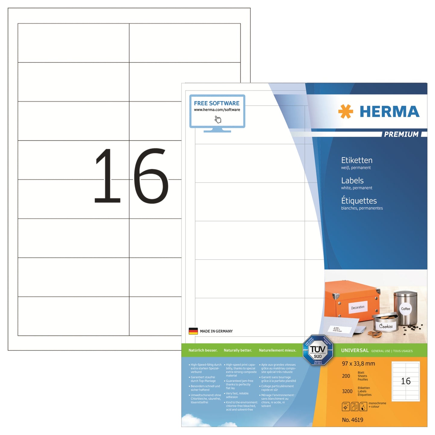 HERMA Universaletikett PREMIUM 97 x 33,8 mm (B x H) nicht wieder ablösbar Papier weiß 3.200 Etik./Pack.