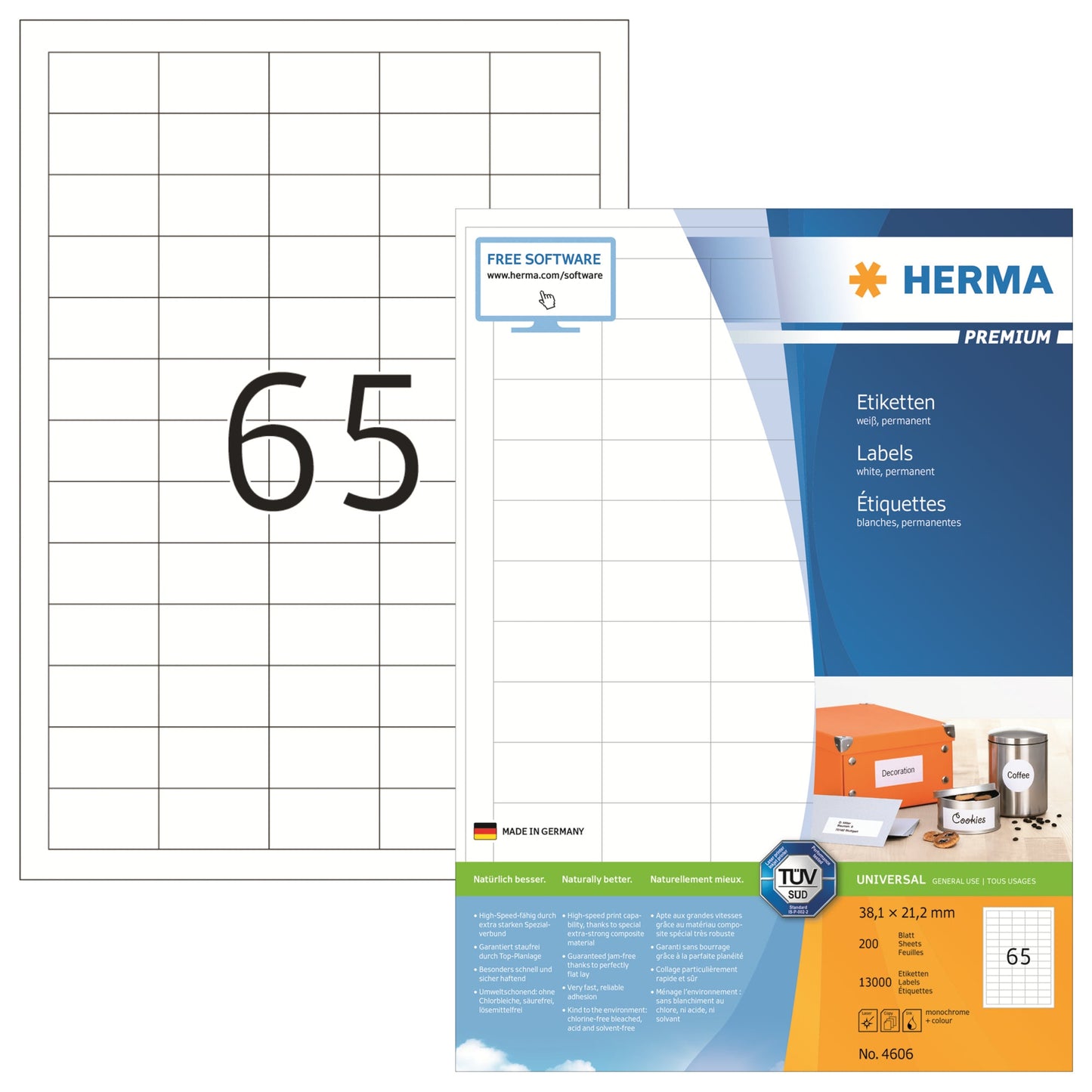 HERMA Universaletikett PREMIUM 38,1 x 21,2 mm (B x H) nicht wieder ablösbar Papier weiß 13.000 Etik./Pack.