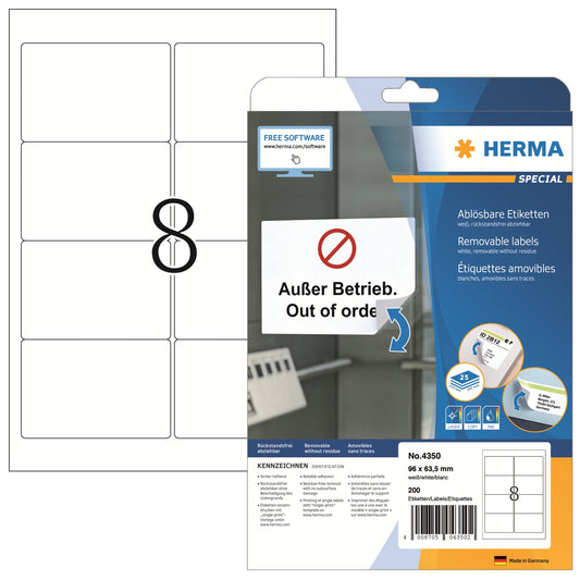 HERMA Universaletikett 96 x 63,5 mm (B x H) wieder ablösbar Papier weiß 200 Etik./Pack.