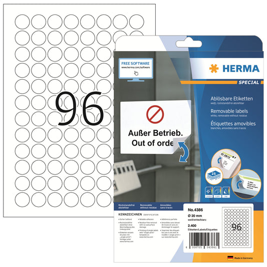 HERMA Universaletikett 20mm wieder ablösbar Papier weiß 2.400 Etik./Pack.