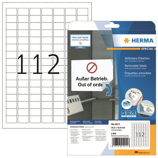 HERMA Universaletikett 25,4 x 16,9 mm (B x H) wieder ablösbar Papier weiß 2.800 Etik./Pack.