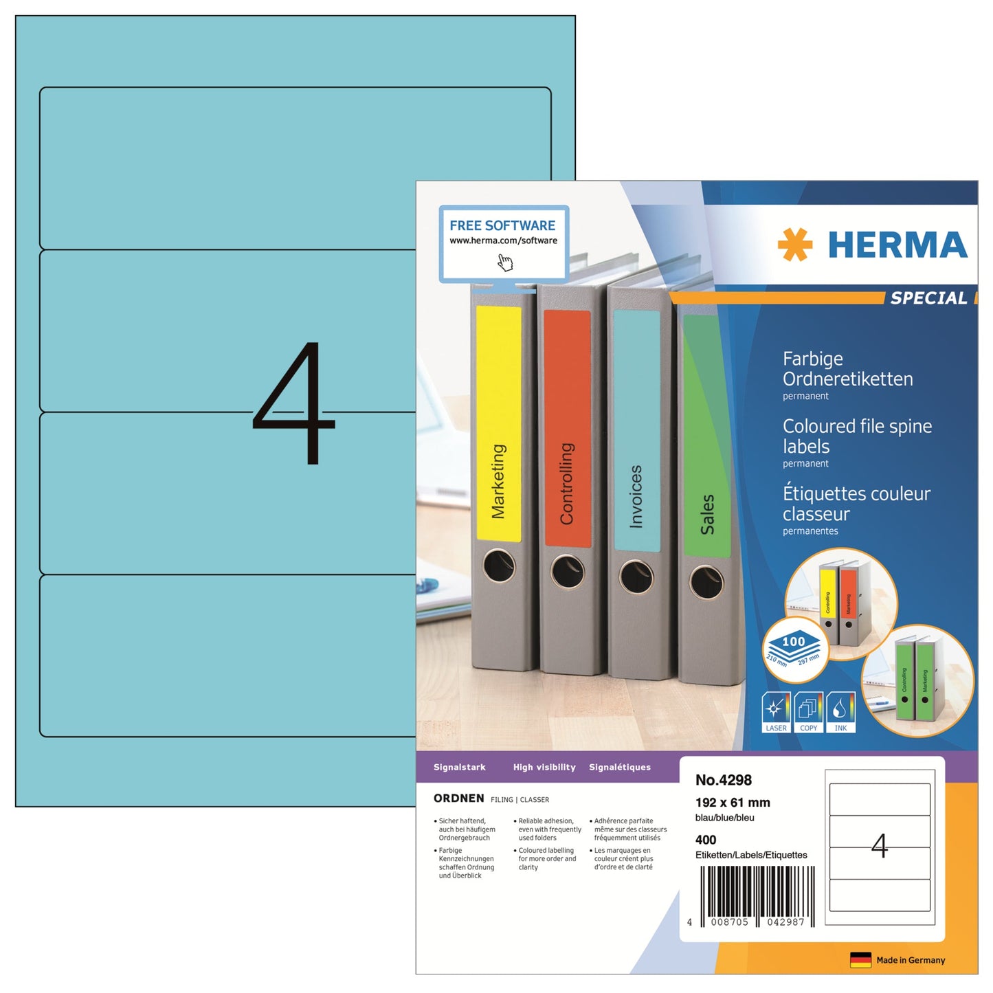 HERMA Ordnerrückenetikett breit/kurz 61 x 192 mm (B x H) selbstklebend ohne Griffloch blau 400 Etik./Pack.