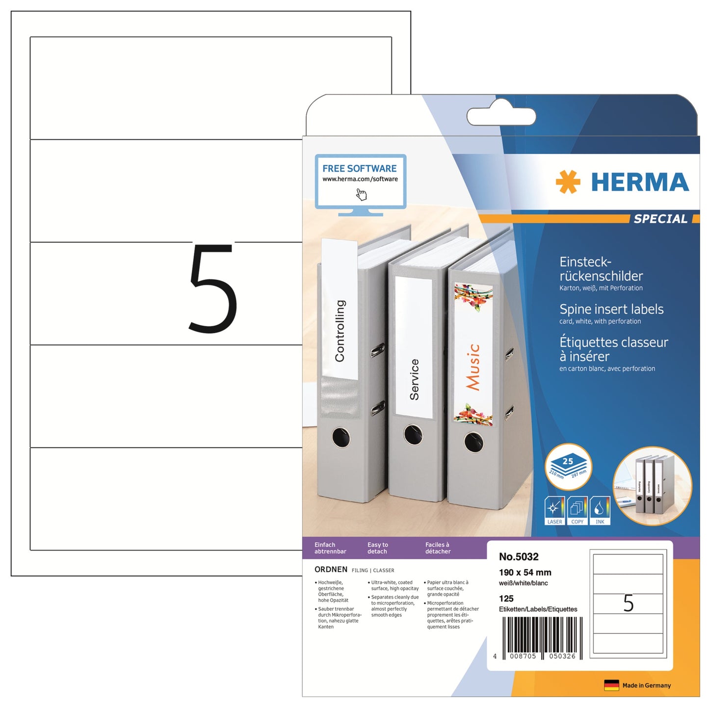 HERMA Rückenschild breit/kurz 54 x 190 mm (B x H) weiß 125 St./Pack.