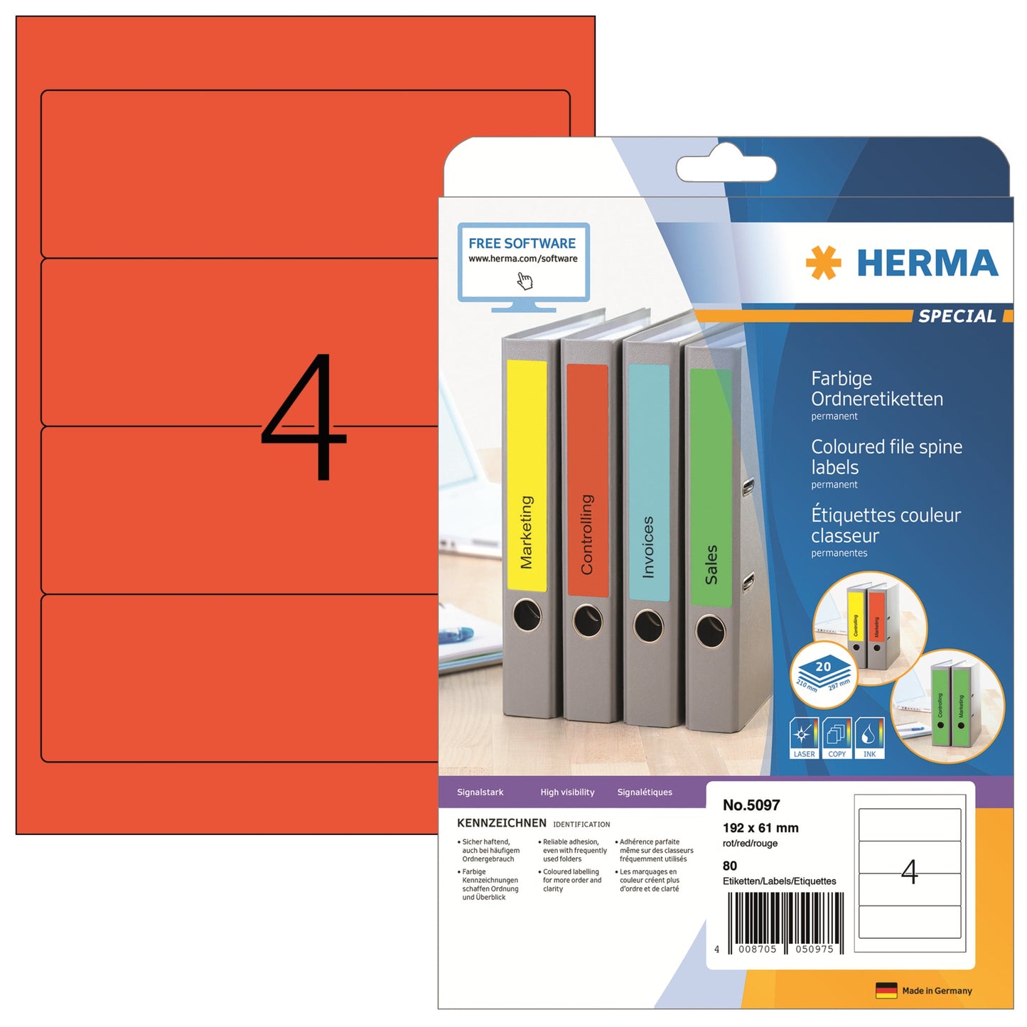 HERMA Ordnerrückenetikett breit/kurz 61 x 192 mm (B x H) selbstklebend ohne Griffloch rot 80 Etik./Pack.
