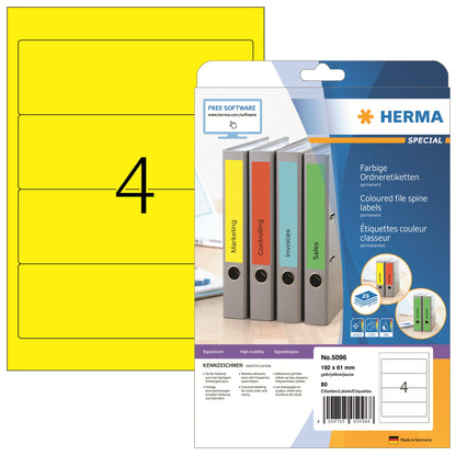 HERMA Ordnerrückenetikett breit/kurz 61 x 192 mm (B x H) selbstklebend ohne Griffloch gelb 80 Etik./Pack.