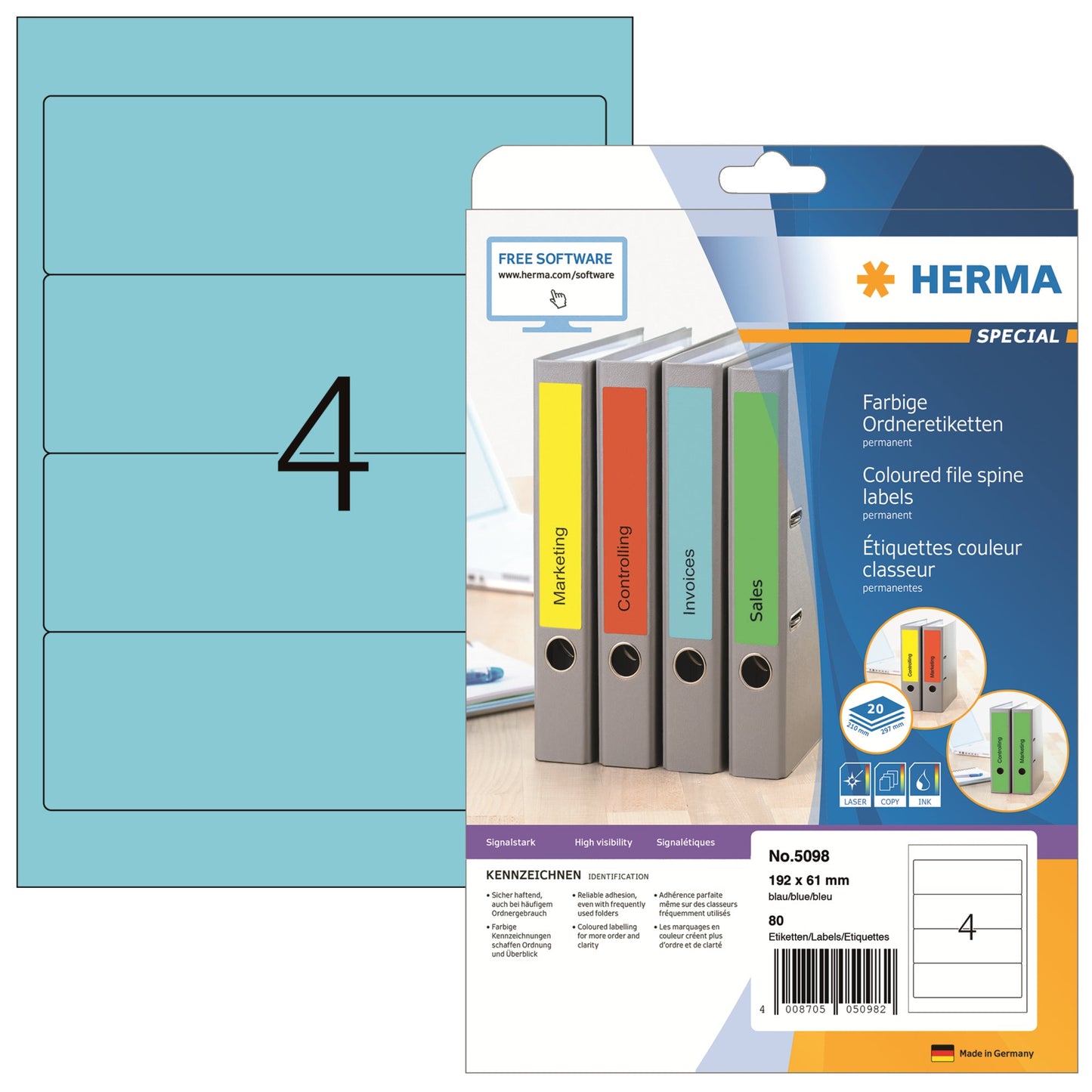 HERMA Ordnerrückenetikett breit/kurz 61 x 192 mm (B x H) selbstklebend ohne Griffloch blau 80 Etik./Pack.