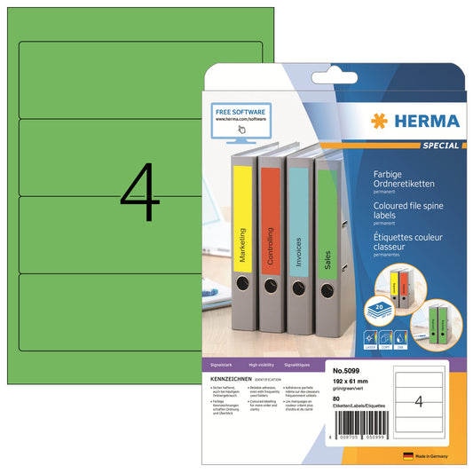 HERMA Ordnerrückenetikett breit/kurz 61 x 192 mm (B x H) selbstklebend ohne Griffloch grün 80 Etik./Pack.