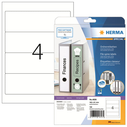 HERMA Ordnerrückenetikett SPECIAL breit/kurz 61 x 192 mm (B x H) selbstklebend ohne Griffloch weiß 100 Etik./Pack.