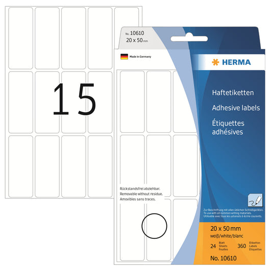 HERMA Haftetikett 20 x 50 mm (B x H) wieder ablösbar Papier weiß 480 Etik./Pack.