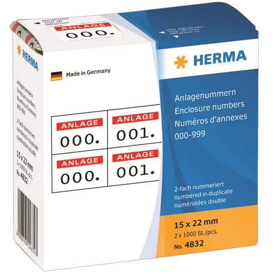 HERMA Nummernetikett 15 x 22 mm (B x H) doppelt Papier weiß Anlage/0-999 1.000 Etik./Pack.