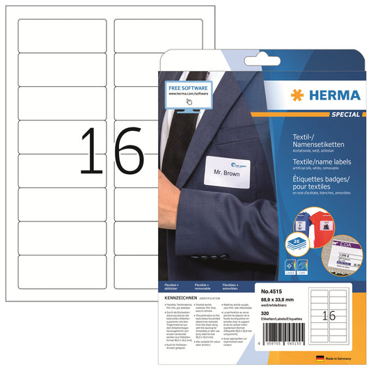 HERMA Namensetikett SPECIAL 88,9 x 33,8 mm (B x H) Acetatseide weiß 320 Etik./Pack.