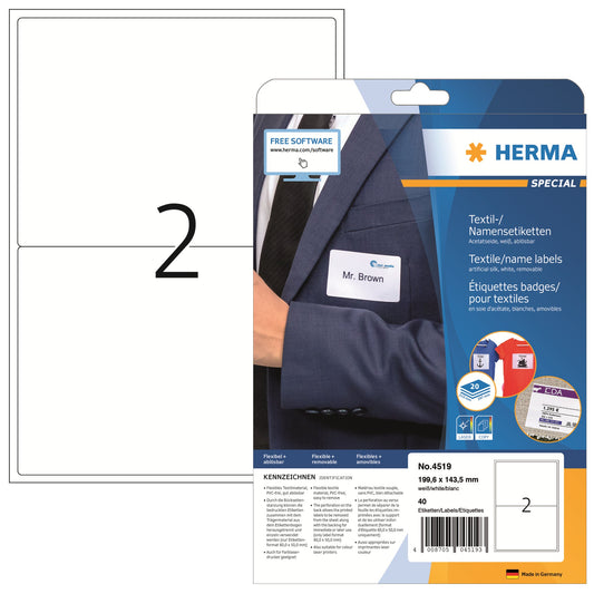HERMA Namensetikett SPECIAL 199,6 x 143,5 mm (B x H) Acetatseide weiß 40 Etik./Pack.