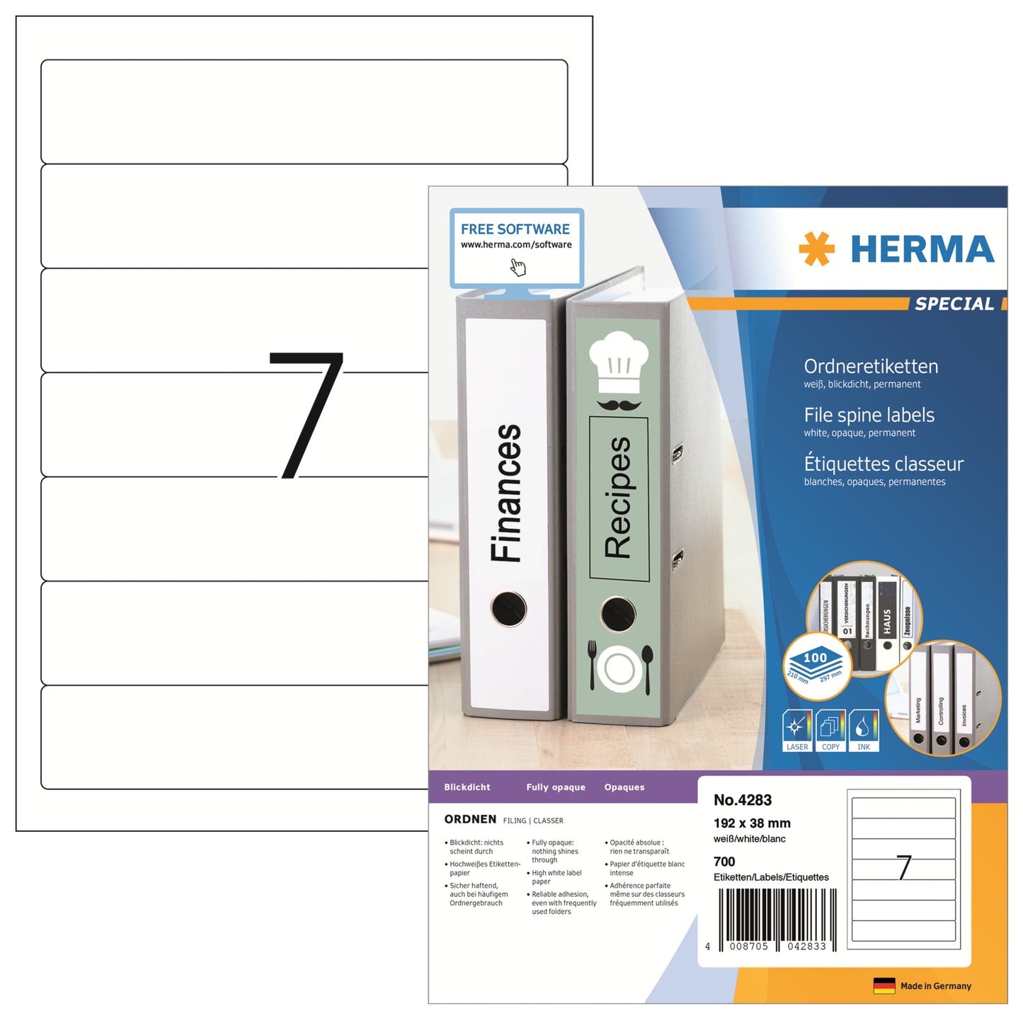 HERMA Ordnerrückenetikett schmal/kurz 38 x 192 mm (B x H) selbstklebend ohne Griffloch weiß 700 Etik./Pack.