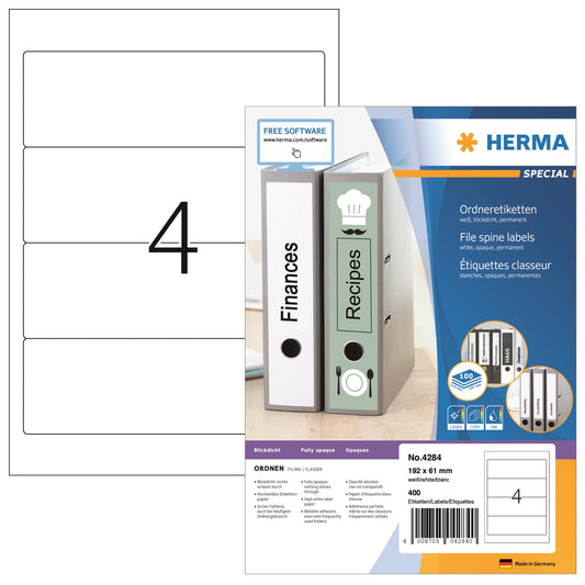 HERMA Ordnerrückenetikett breit/kurz 61 x 192 mm (B x H) selbstklebend ohne Griffloch weiß 400 Etik./Pack.