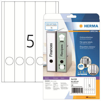 HERMA Ordnerrückenetikett schmal/lang 38 x 297 mm (B x H) selbstklebend mit Griffloch weiß 125 Etik./Pack.
