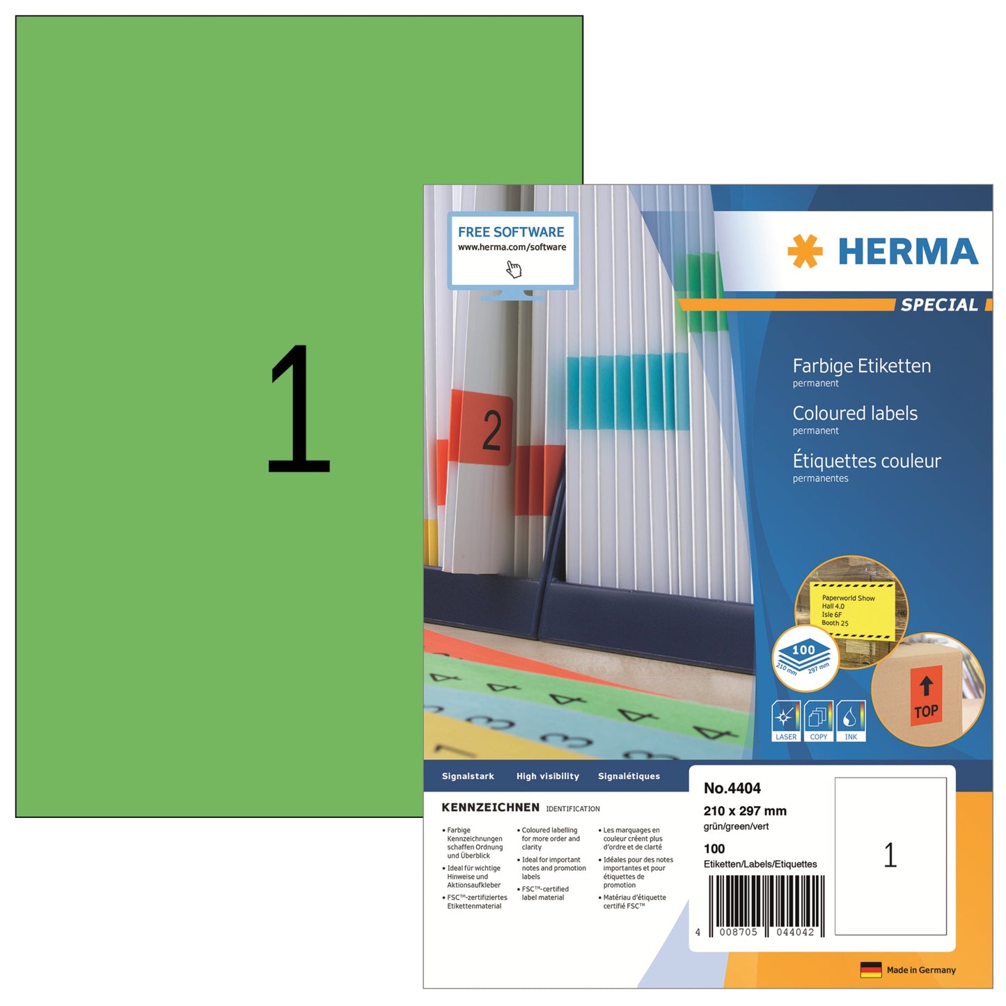 HERMA Universaletikett 210 x 297 mm (B x H) nicht wieder ablösbar Papier grün 100 Etik./Pack.