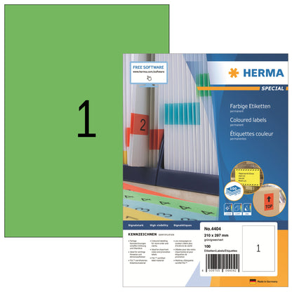 HERMA Universaletikett 210 x 297 mm (B x H) nicht wieder ablösbar Papier grün 100 Etik./Pack.