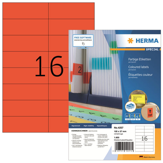 HERMA Universaletikett 105 x 37 mm (B x H) nicht wieder ablösbar Papier rot 1.600 Etik./Pack.