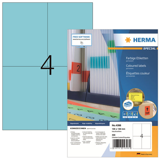 HERMA Universaletikett 105 x 148 mm (B x H) nicht wieder ablösbar Papier blau 400 Etik./Pack.