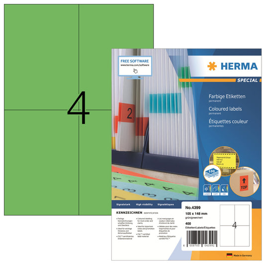 HERMA Universaletikett 105 x 148 mm (B x H) nicht wieder ablösbar Papier grün 400 Etik./Pack.