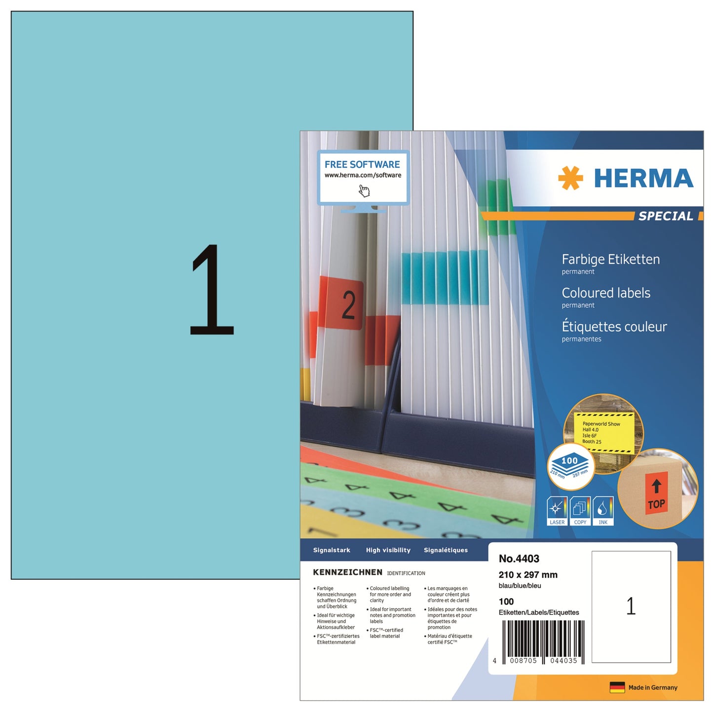 HERMA Universaletikett 210 x 297 mm (B x H) nicht wieder ablösbar Papier blau 100 Etik./Pack.