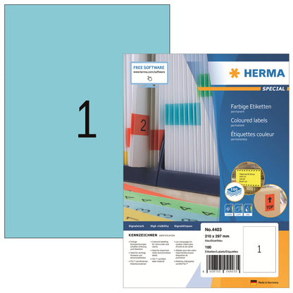 HERMA Universaletikett 210 x 297 mm (B x H) nicht wieder ablösbar Papier blau 100 Etik./Pack.