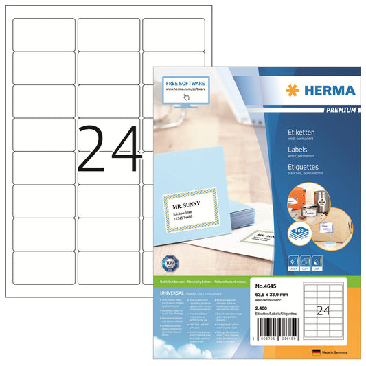 HERMA Adressetikett PREMIUM 63,5 x 33,9 mm (B x H) Papier weiß 2.400 Etik./Pack.