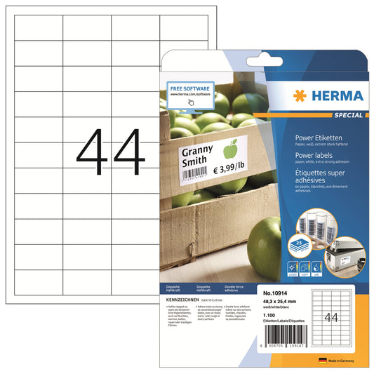 HERMA Haftetikett Power 48,3 x 25,4 mm (B x H) nicht wieder ablösbar Papier weiß 1.100 Etik./Pack.