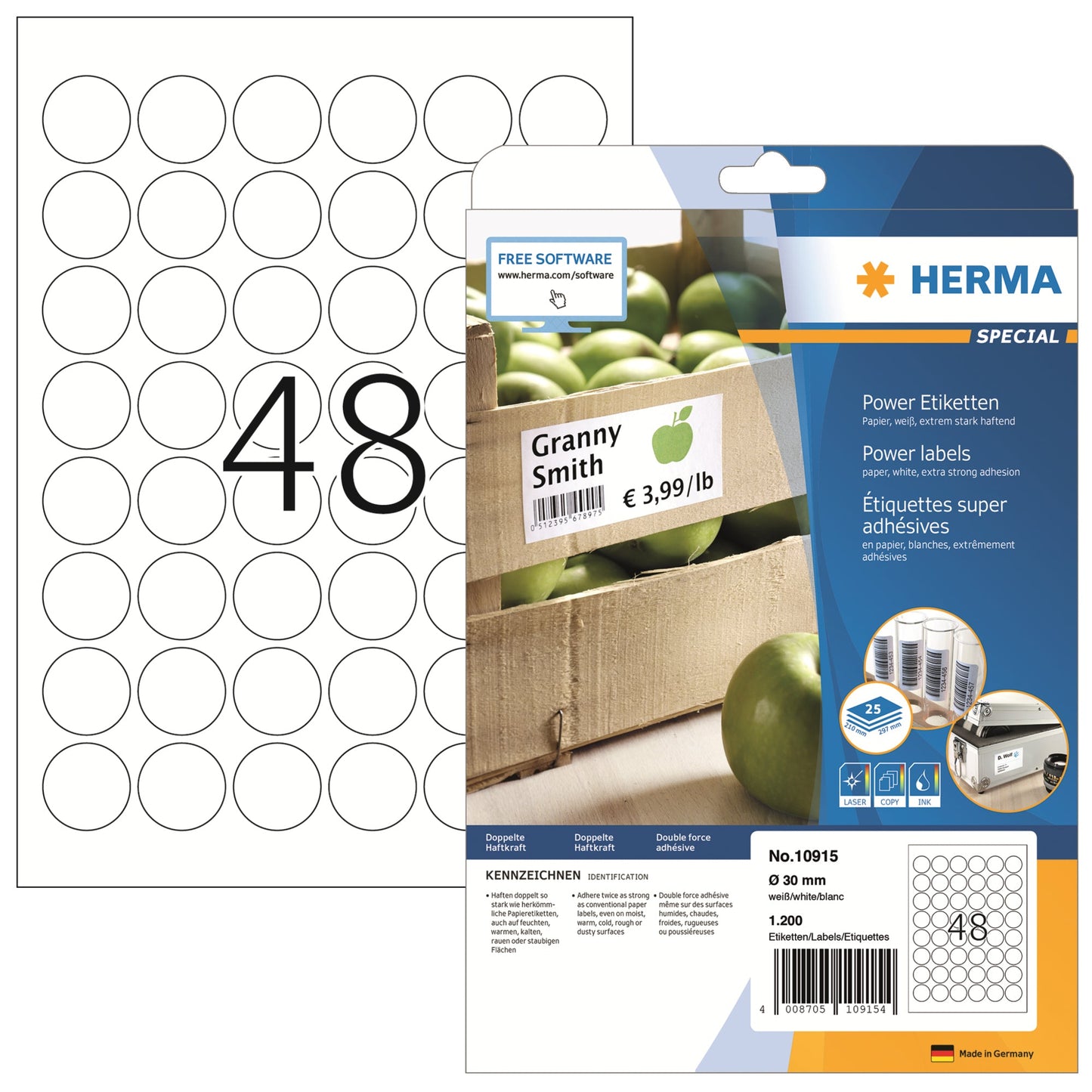 HERMA Haftetikett Power 30mm nicht wieder ablösbar Papier weiß 1.200 Etik./Pack.