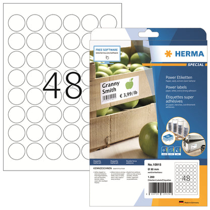 HERMA Haftetikett Power 30mm nicht wieder ablösbar Papier weiß 1.200 Etik./Pack.