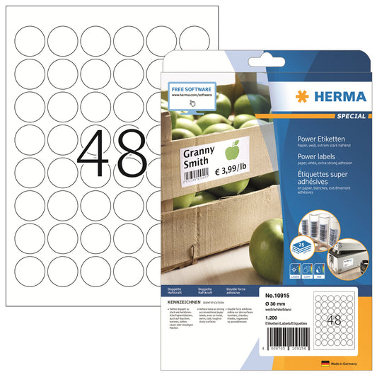 HERMA Haftetikett Power 30mm nicht wieder ablösbar Papier weiß 1.200 Etik./Pack.