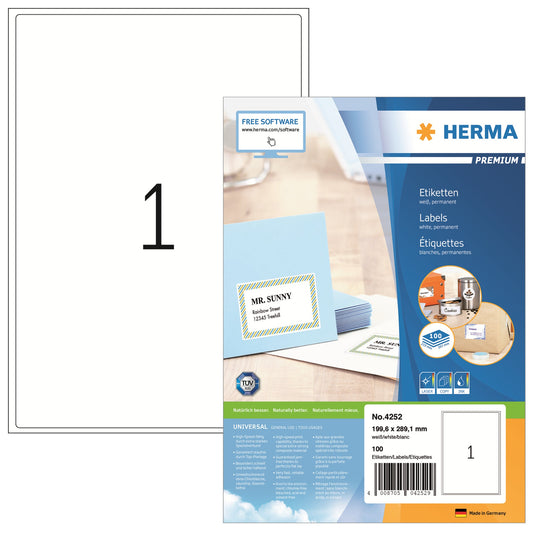 HERMA Adressetikett PREMIUM 199,6 x 289,1 mm (B x H) Papier weiß 100 Etik./Pack.