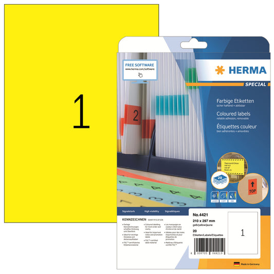 HERMA Universaletikett SPECIAL 210 x 297 mm (B x H) wieder ablösbar Papier gelb 20 Etik./Pack.