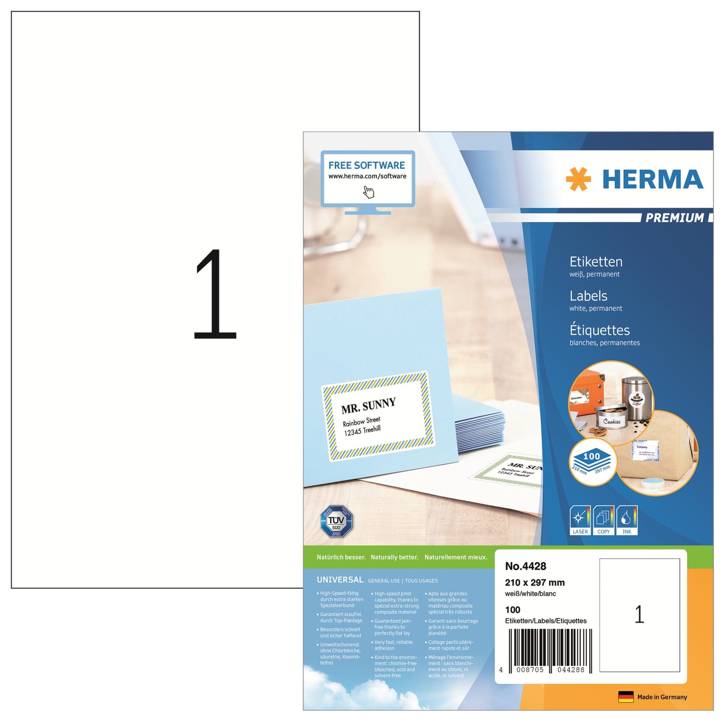 HERMA Universaletikett PREMIUM 210 x 297 mm (B x H) nicht wieder ablösbar Papier weiß 100 Etik./Pack.