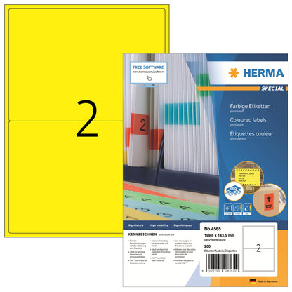 HERMA Universaletikett SPECIAL 199,6 x 143,5 mm (B x H) nicht wieder ablösbar Papier gelb 200 Etik./Pack.