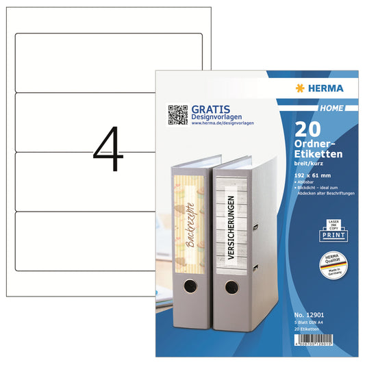 HERMA Ordnerrückenetikett HOME breit/kurz 61 x 192 mm (B x H) selbstklebend ohne Griffloch weiß 20 Etik./Pack.