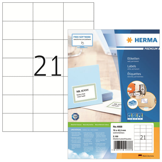 HERMA Universaletikett PREMIUM 70 x 42,3 mm (B x H) nicht wieder ablösbar Papier weiß 2.100 Etik./Pack.