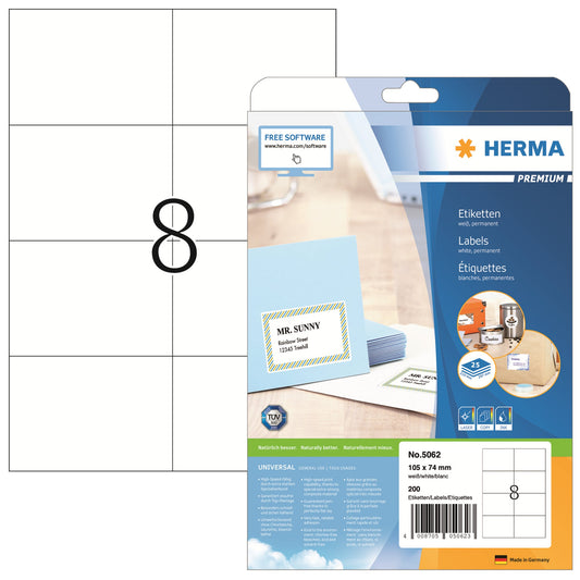 HERMA Universaletikett PREMIUM 105 x 74 mm (B x H) nicht wieder ablösbar Papier weiß 200 Etik./Pack.