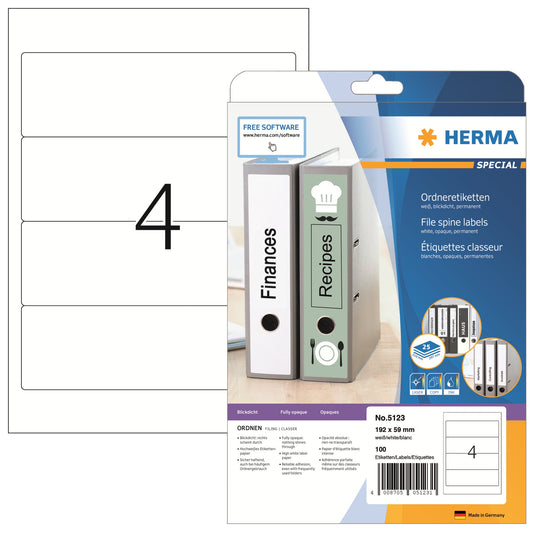 HERMA Ordnerrückenetikett breit/kurz 59 x 192 mm (B x H) selbstklebend ohne Griffloch weiß 100 Etik./Pack.