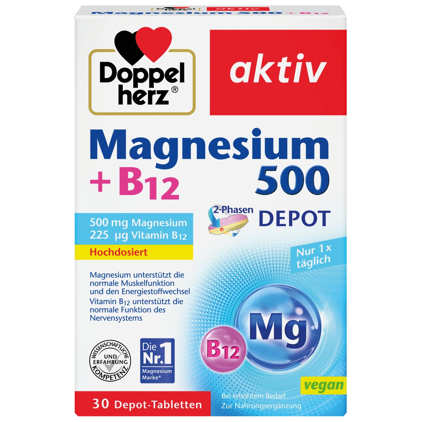 Doppelherz Nahrungsergänzungsmittel aktiv Magnesium 500 + B12 2-Phasen DEPOT Tablette 30 St./Pack.