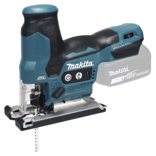 Makita® Säge DJV185Z Akku-Pendelhubstichsäge inkl. Absaugstutzen, Gleitschuh, Schutzabdeckung, Sechskantstiftschlüssel (3 mm), 2 x Stichsägeblatt B-10 Holz/Kunststoff, 2 x Stichsägeblatt B-22 Metall/Kunststoff, 2 x Stichsägeblatt BR-13 Holz