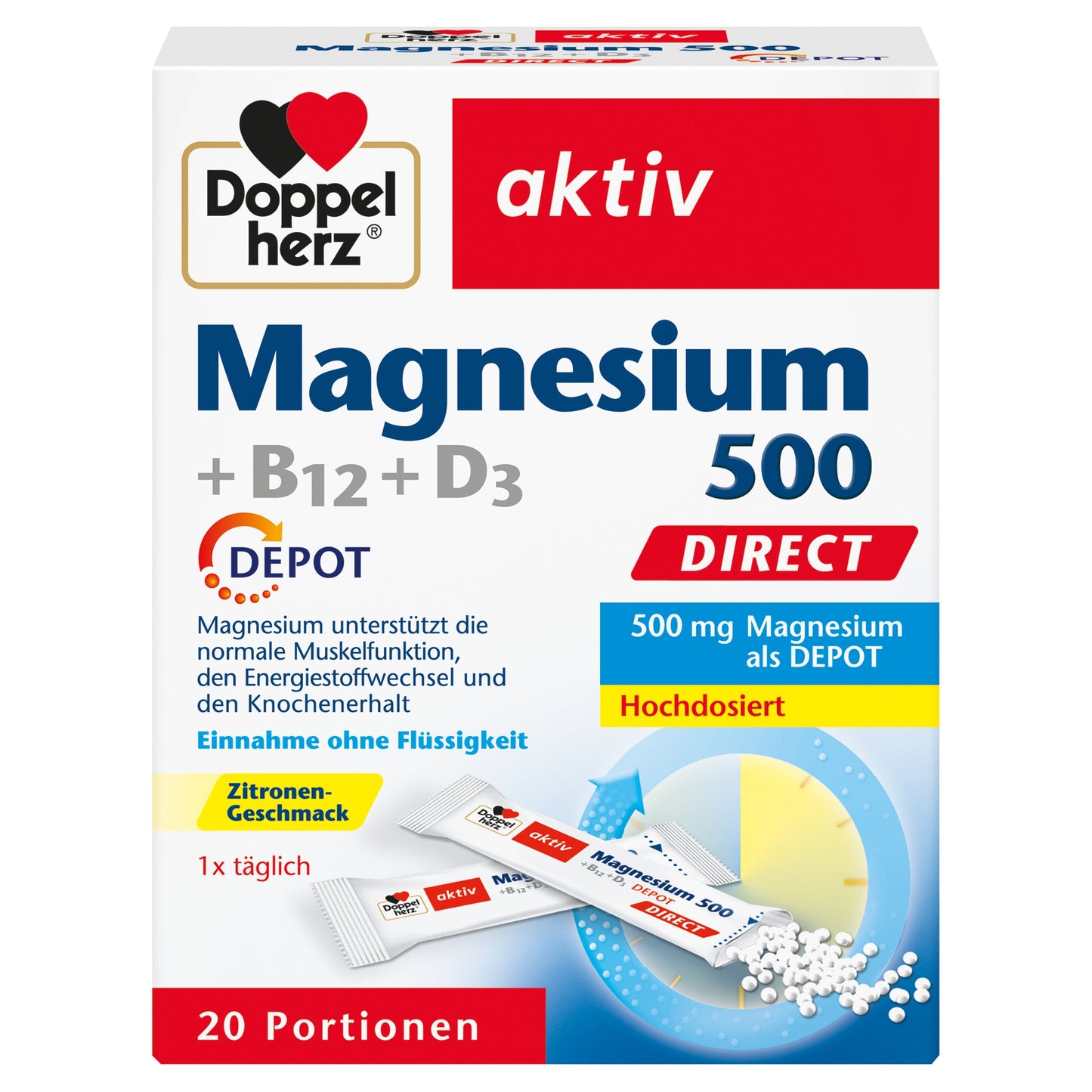 Doppelherz Nahrungsergänzungsmittel aktiv Magnesium 500 + B12 + D3 DEPOT DIRECT Zitrone Granulat 20 St./Pack.