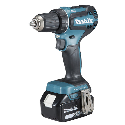 Makita® Akkubohrschrauber DDF485RFJ 1.900 U/Min. Akku Li-Ion 18V inkl. Schraube M4x12,, 2 x Akku BL1830B, Einhängebügel, Schnellladegerät DC18RC, Kontaktschutzkappe, PH/LS Doppelbit, MAKPAC (Gr. 2), Tiefziehteil für MAKPAC
