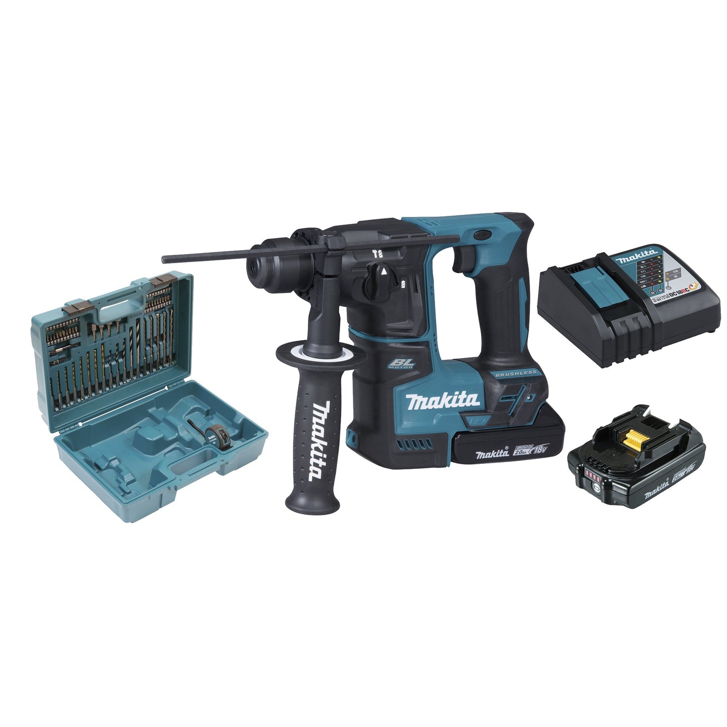 Makita® Bohrhammer DHR171 480W 4.800 U/Min. Akku inkl. 2 x Akku BL1820B, Tiefenanschlag, Lappen, Schnellladegerät DC18RC, Bohrer-/Meißelfett, Seitengriff, Transportkoffer (mit 65 Teilen Zubehör)
