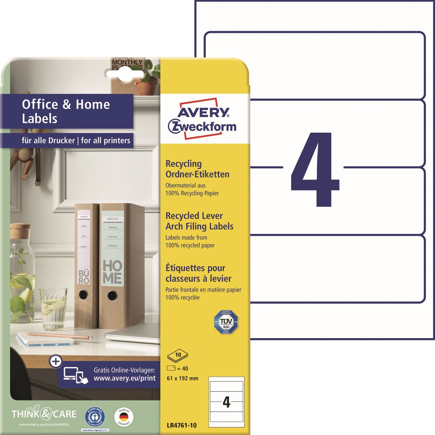 Avery Zweckform Ordnerrückenetikett Recycling breit/kurz 61 x 192 mm (B x H) selbstklebend ohne Griffloch naturweiß 40 Etik./Pack.