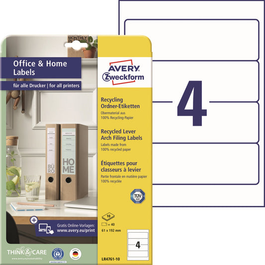 Avery Zweckform Ordnerrückenetikett Recycling breit/kurz 61 x 192 mm (B x H) selbstklebend ohne Griffloch naturweiß 40 Etik./Pack.